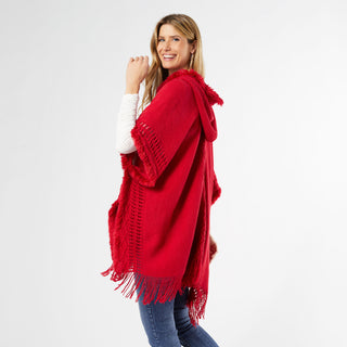 Eloise Hooded Ruana with Frayed Fringe - Rio Red