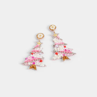 Christmas Tree Beaded Earrings - Pink/Gold