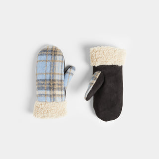 Sherpa Plaid Mittens - Light Blue