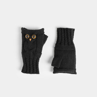 Snow Owl Fingerless Gloves - Black