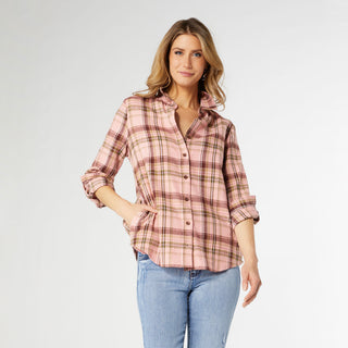 Gracelyn Flannel Top with Side Pockets - Dusty Rose Plaid