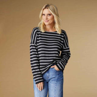 Charlee Striped Sweater Knit Top - Black/Grey