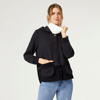 Mia Quilted Button Front Top with Corduroy Detail - Black