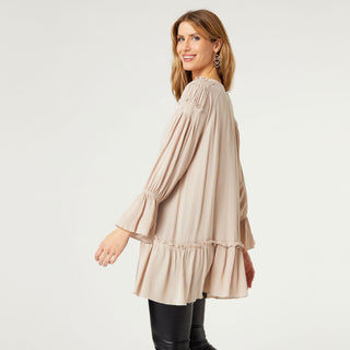 Victoria Long Sleeve Ruffle Tunic - Khaki