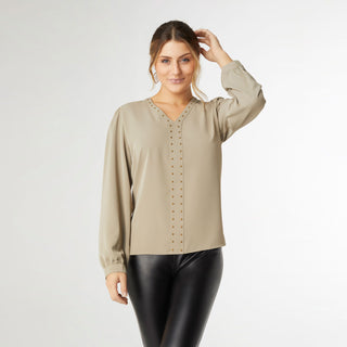 Chloe V-Neck Blouse with Studs - Olive