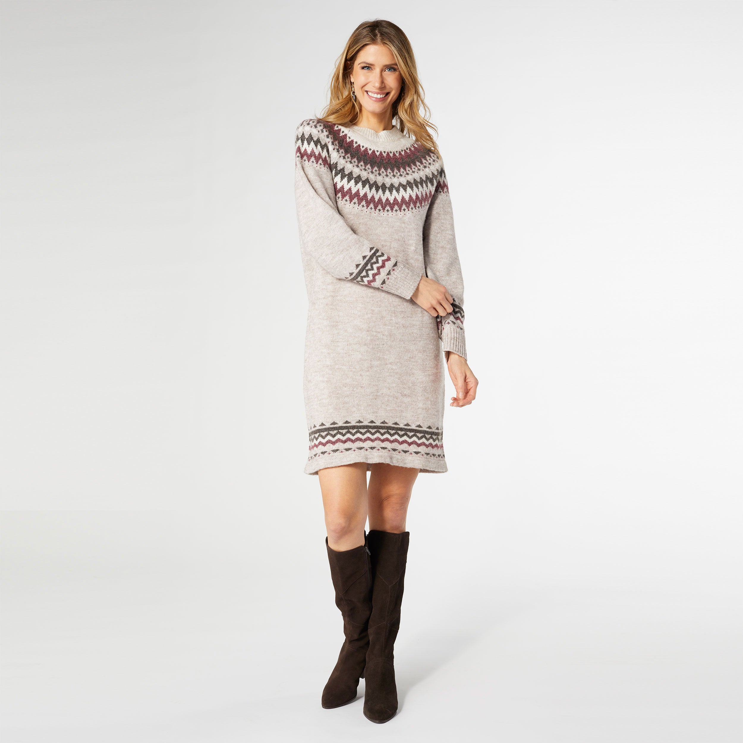 Women's Fair Isle Knit Christmas Jumper Dress Longline Nordic Sweater Dress For Winter Women's Fair Isle Knit Christmas Jumper Dress Longline Nordic Sweater Dress For Winter