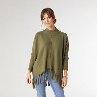 Heavenly-Luxe Flowy Mock Neck Fringe Sweater - Army Green