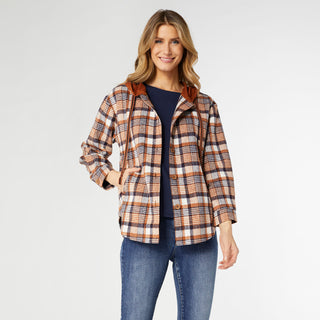 Frieda Button Front Hooded Shacket with Pockets - Rust/Navy Plaid