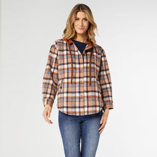 Frieda Button Front Hooded Shacket with Pockets - Rust/Navy Plaid