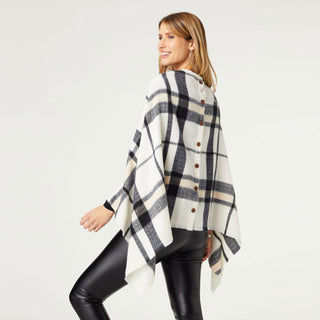 Adela Supersoft Plaid Poncho with Buttons - Cream/Black