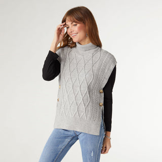 Leora Sweater Vest with Side Buttons - Mid Heather Grey