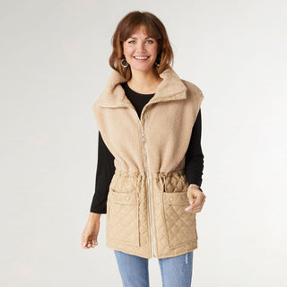 Tipper Mixed Sherpa Quilted Nylon Vest - Khaki