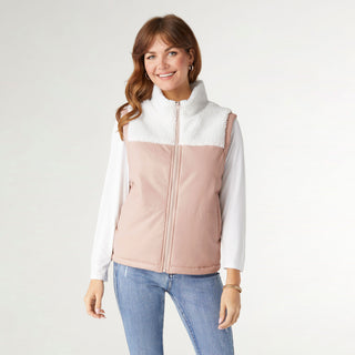 Yona Mixed Sherpa Pleather Vest - Off White/Dusty Rose