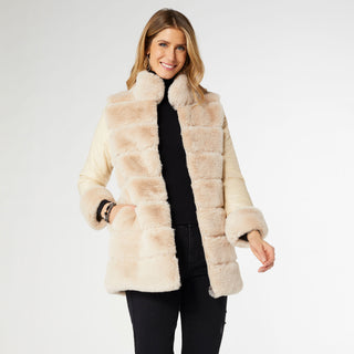 Cabrina Faux Fur Jacket with Puffer Sleeves - Beige