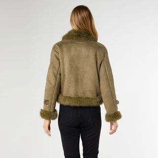 Dion Faux Fur Moto Jacket - Olive