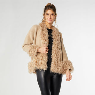 Marley Cardigan with Shaggy Faux Fur Trim - Taupe