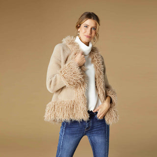 Marley Cardigan with Shaggy Faux Fur Trim - Taupe