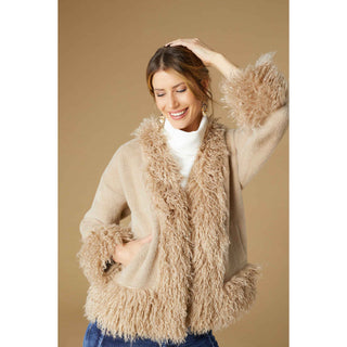 Marley Cardigan with Shaggy Faux Fur Trim - Taupe