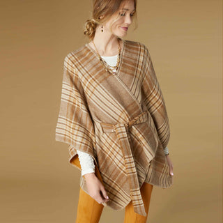 Hallie Plaid Belted Wrap - Cognac Plaid