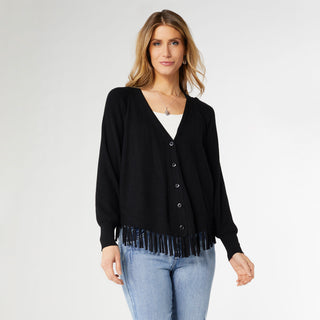 Carter Button Front Cardigan with Fringe - Black