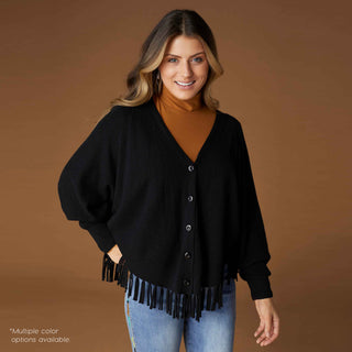 Carter Button Front Cardigan with Fringe - Black