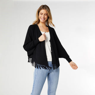 Carter Button Front Cardigan with Fringe - Black