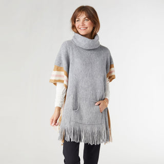 Myrna Turtleneck Poncho with Border Stripes - Grey