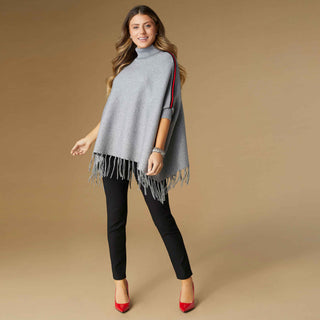 Shea Turtleneck Poncho with Shoulder Stripe - Grey