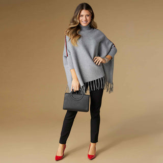 Shea Turtleneck Poncho with Shoulder Stripe - Grey