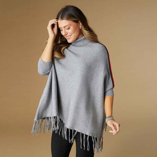 Shea Turtleneck Poncho with Shoulder Stripe - Grey