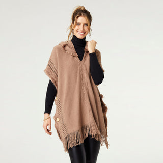 Eloise Hooded Poncho with Frayed Fringe - Mushroom