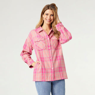 Prima Plaid Flannel Top with Pockets - Bright Pink Plaid