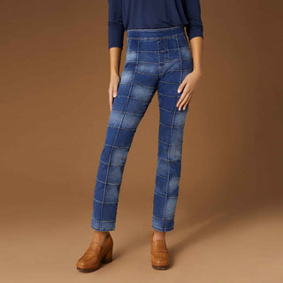 OMG Pull-On Straight Ankle Quilted Check - Mixed Denim