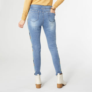 OMG Pull-On Skinny with Multi Colored Embroidered Stripe - Light Denim