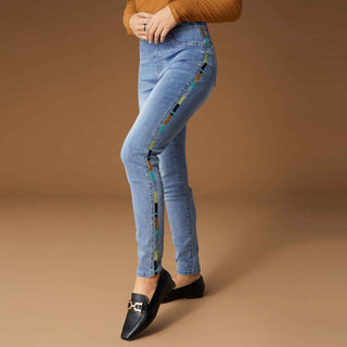 OMG Pull-On Skinny with Multi Colored Embroidered Stripe - Light Denim