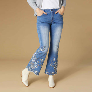 OMG Zoey Zip Flare Embroidered with Scallop Bottom - Medium Denim