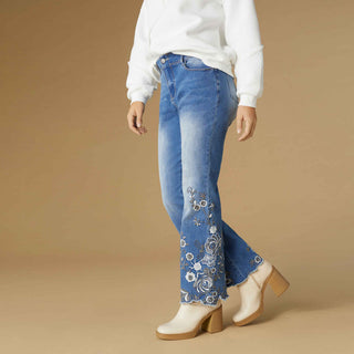 OMG Zoey Zip Flare Embroidered with Scallop Bottom - Medium Denim