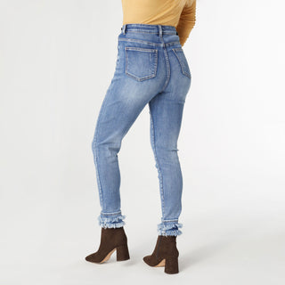 EverStretch High Rise Skinny Ankle with Double Fringe Bottom - Medium Denim