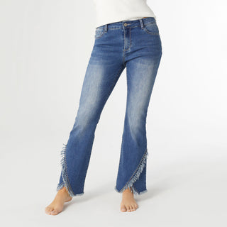 EverStretch Flare with Crossover Fringe Bottom - Medium Denim