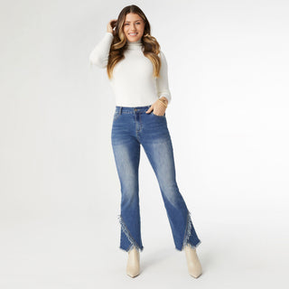 EverStretch Flare with Crossover Fringe Bottom - Medium Denim