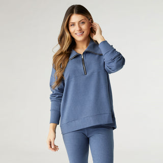 Weekend Brushed Half Zip Collar Top - Blue