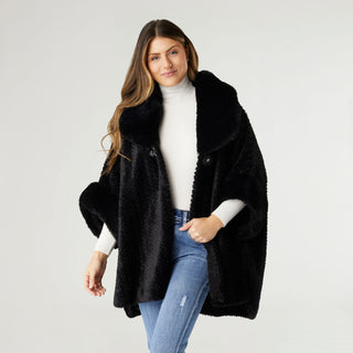 Rozlyn Faux Fur Ruana with Clasp - Black