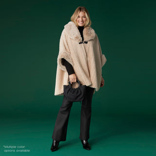 Rozlyn Faux Fur Ruana with Clasp - Black