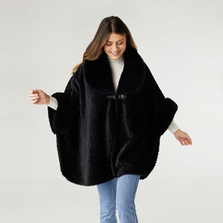 Rozlyn Faux Fur Ruana with Clasp - Black