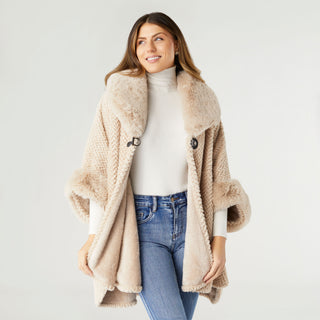 Rozlyn Faux Fur Ruana with Clasp - Oatmeal