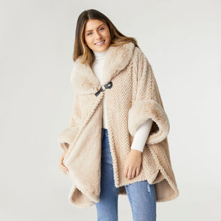 Rozlyn Faux Fur Ruana with Clasp - Oatmeal