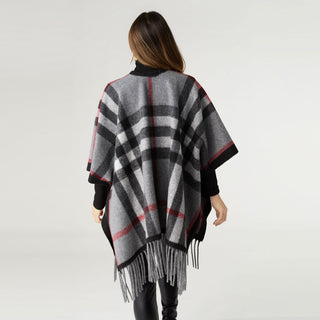 Jora Plaid Wrap with Fringe - Black