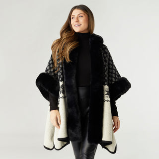 Noric Hooded Ruana with Faux Fur Trim - Black