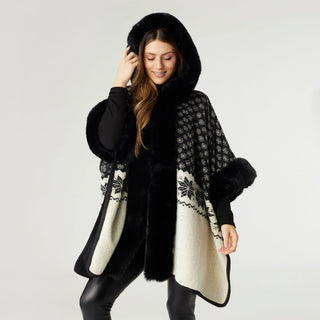 Noric Hooded Ruana with Faux Fur Trim - Black