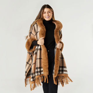 Teton Hooded Ruana with Faux Fur Trim - Camel